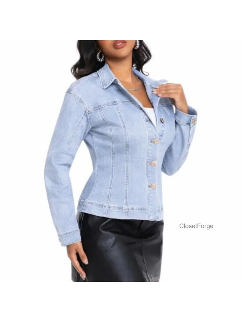 Women's Stretch Denim Jacket Cinched Waist Button Up Long Sleeve Jean Jacket